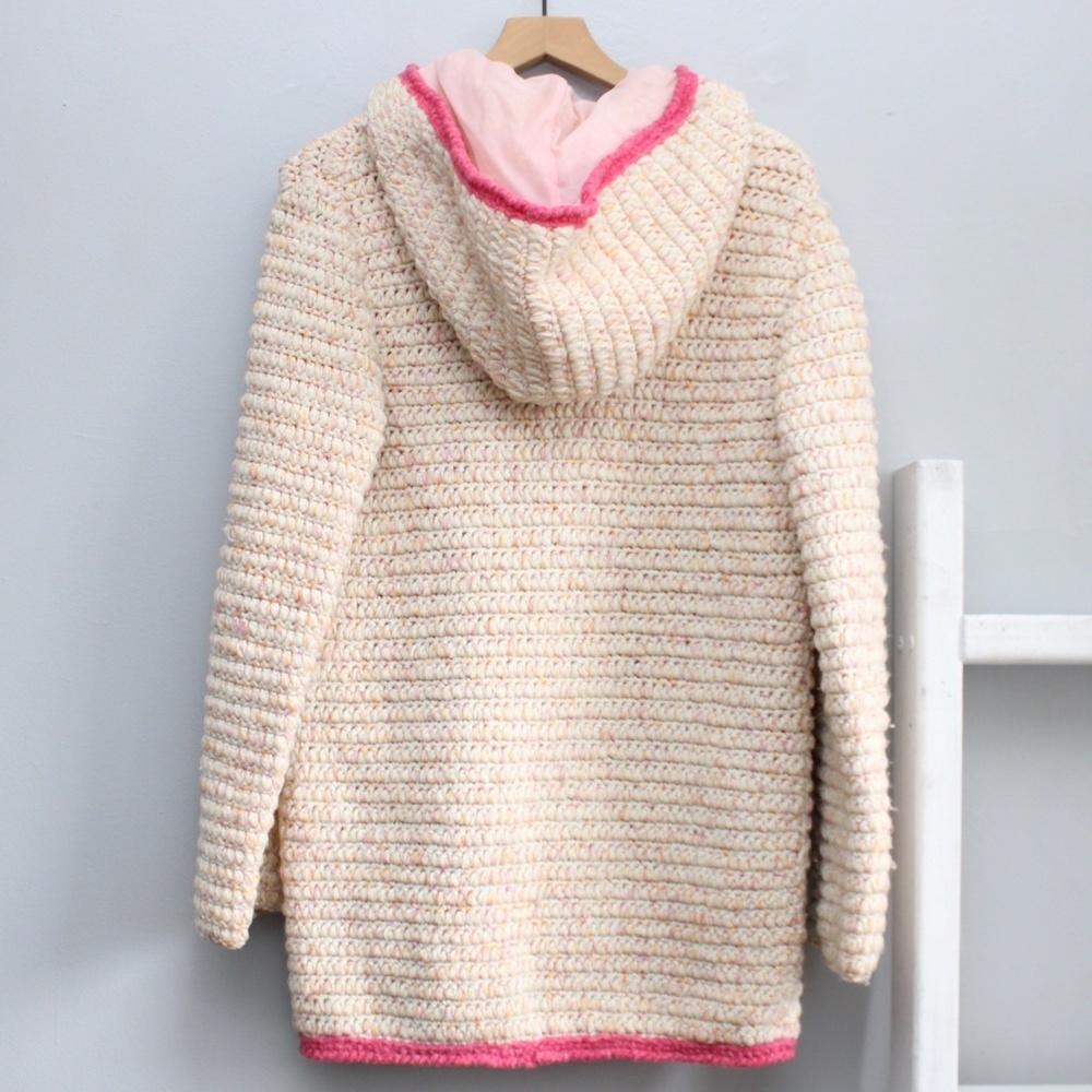 Handmade Crochet Knit Wool Cream & Pink Toggle Hooded Jacket Sweater Size Small - Picture 2 of 7
